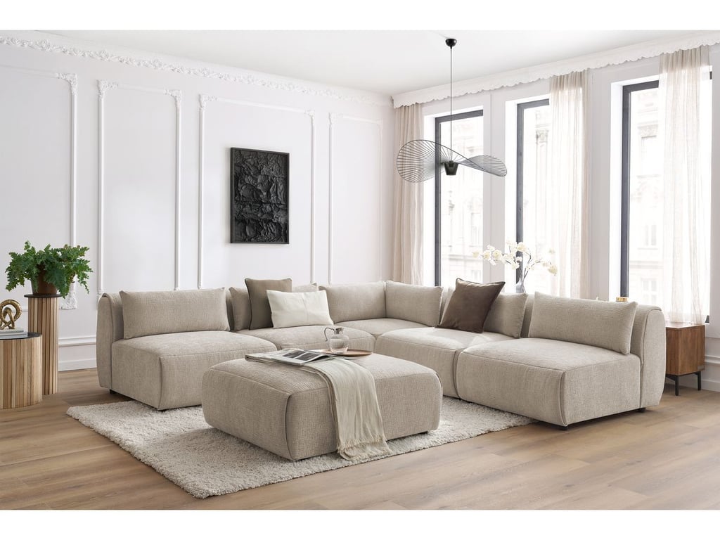 Produit similaire: Canapé d'angle fixe modulable JEANNE tissu texturé avec 4 chauffeuses, 1 angle et 1 pouf beige BOBOCHIC 6 places