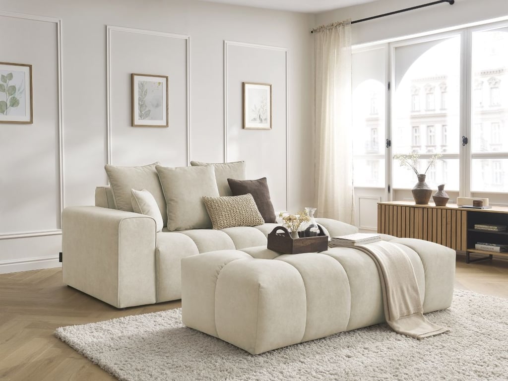 Produit similaire: Canapé droit fixe MONT-BLANC velours avec pouf beige accoudoir gauche BOBOCHIC 5 places