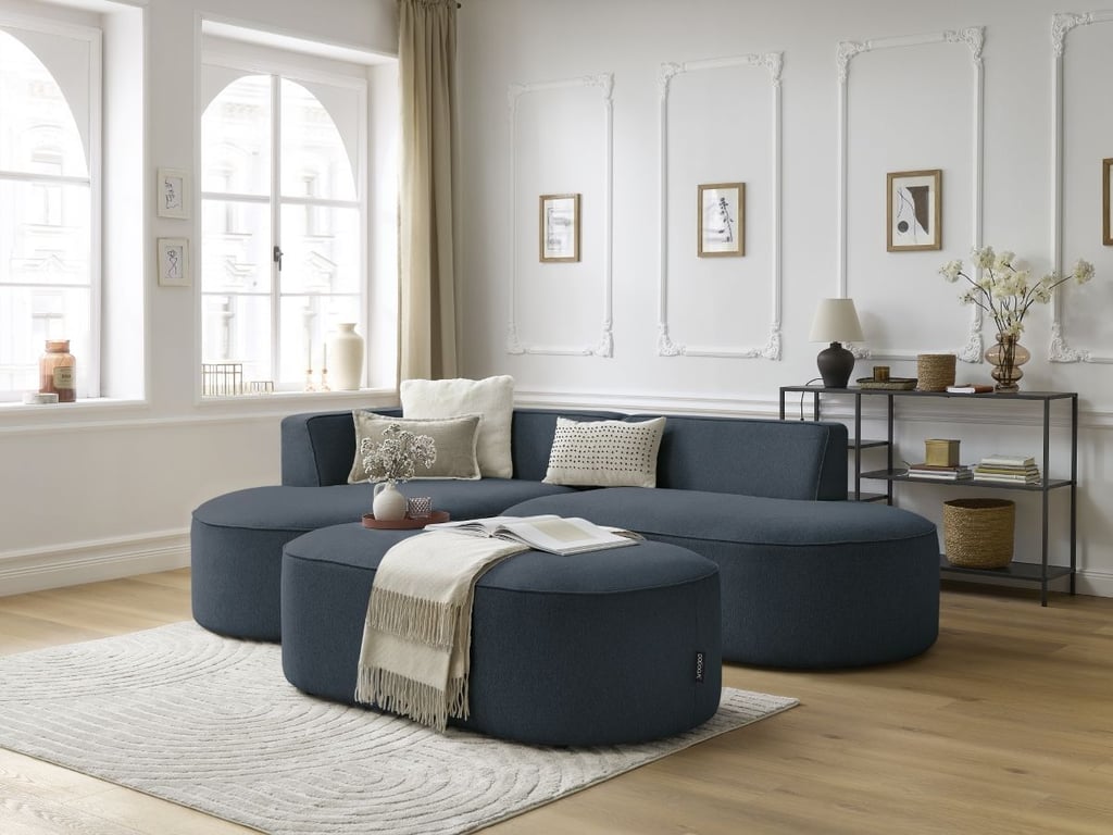Produit similaire: Canapé d'angle fixe ROUSSEAU tissu chiné avec pouf bleu foncé angle gauche BOBOCHIC 5 places