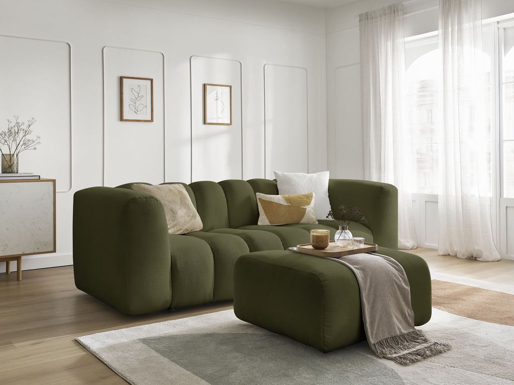 Produit similaire: Canapé TALIA droit fixe 3 places tissu chiné avec pouf vert BOBOCHIC