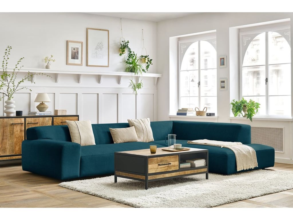 Produit similaire: Canapé d'angle fixe LAVENA tissu velours bleu foncé angle droit BOBOCHIC 4 places