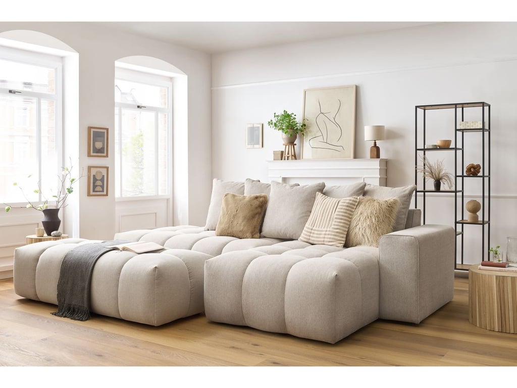 Produit similaire: Canapé d'angle fixe MONT-BLANC tissu avec pouf beige angle droit BOBOCHIC 4 places