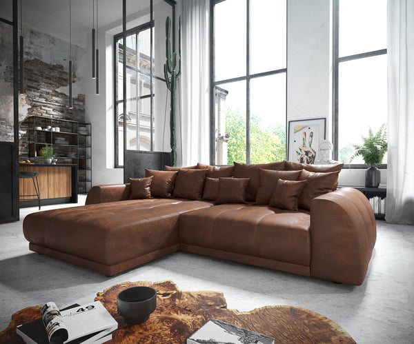Canapé-d'angle Violetta 300 x 220 cm similicuir marron Recamière variable