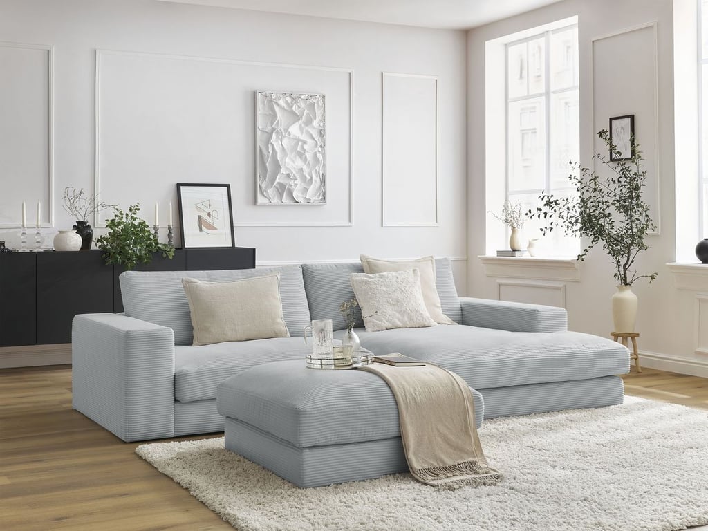 Produit similaire: Canapé d'angle fixe LEONARD velours côtelé avec pouf gris clair angle droit BOBOCHIC 5 places