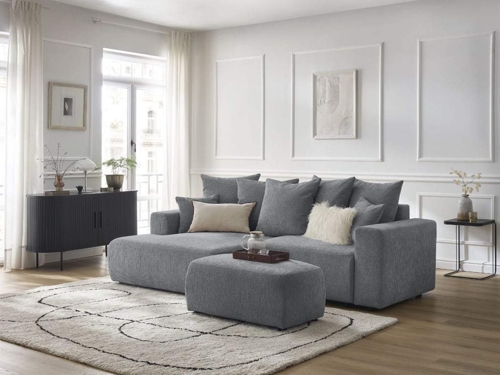 Produit similaire: Canapé d'angle convertible coffre ATILLA tissu texturé avec pouf gris foncé angle gauche BOBOCHIC 5 places