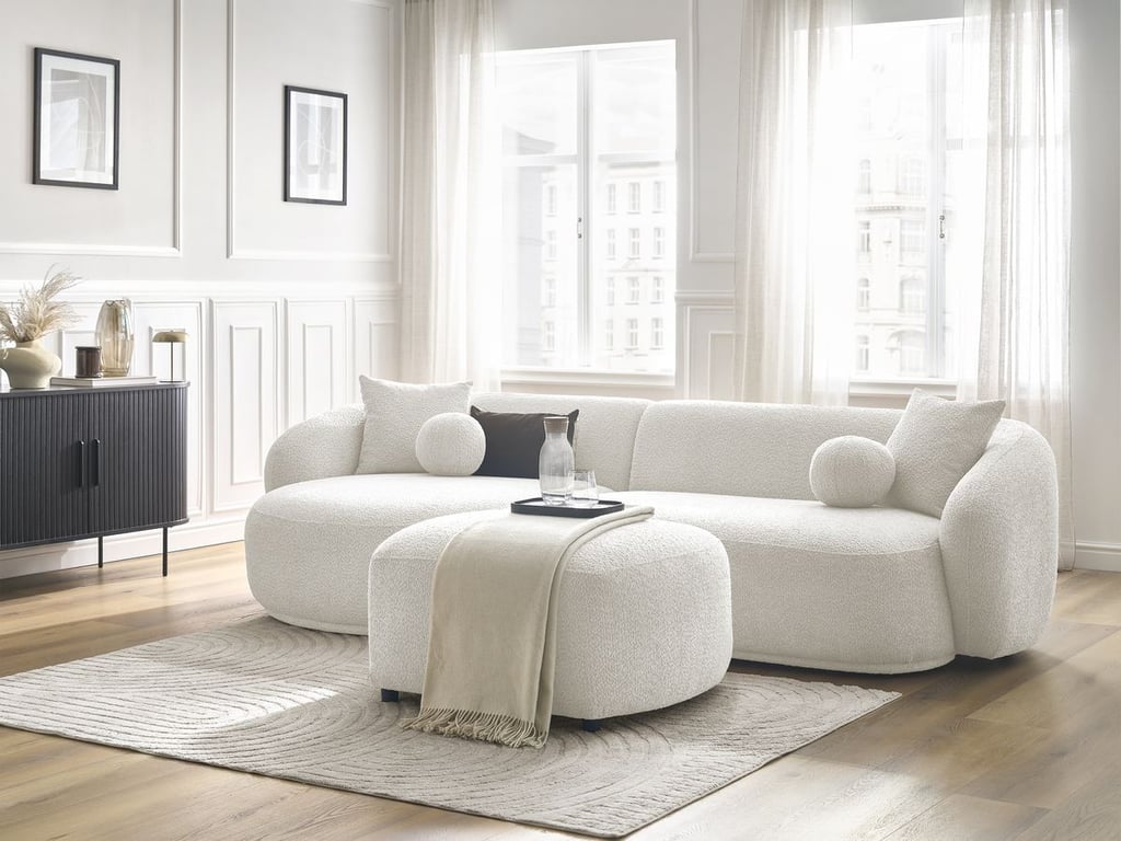 Produit similaire: Canapé d'angle fixe ASHLEY avec pouf blanc angle gauche BOBOCHIC 4 places