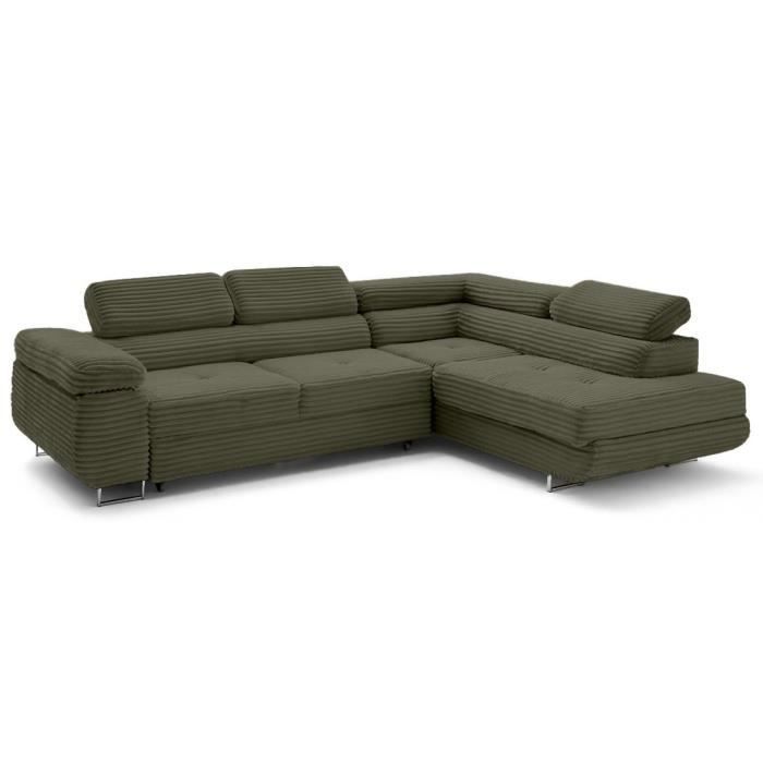 Produit similaire: Zaria - canapé d'angle droit 5 places convertible avec coffre et têtières en velours côtelé grosses côtes - Vert Kaki