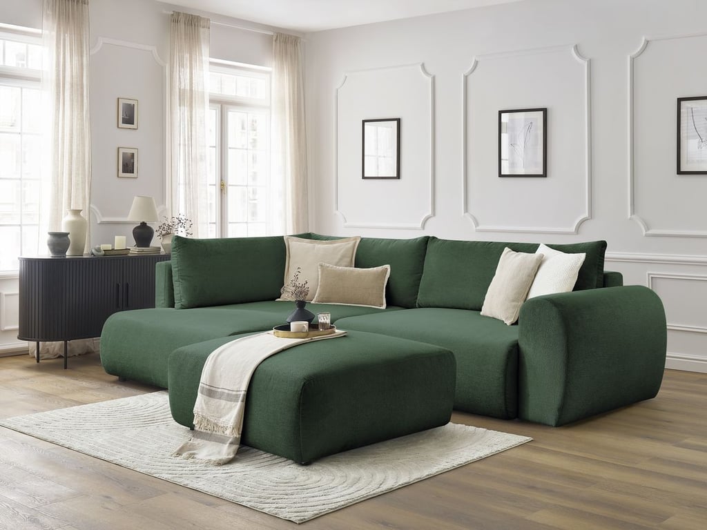 Produit similaire: Canapé d'angle L convertible coffre LUCIEN tissu lisse avec pouf vert angle gauche BOBOCHIC 4 places