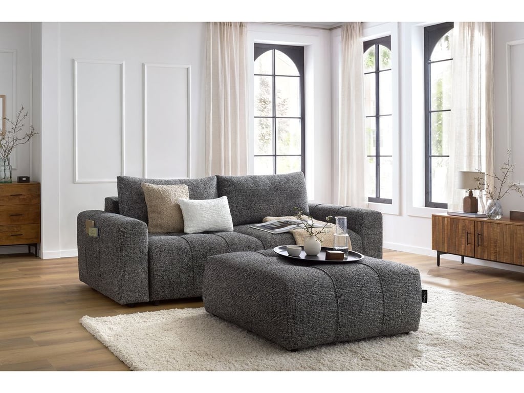 Produit similaire: Canapé droit convertible coffre ARSENE avec pouf gris foncé BOBOCHIC 4 places