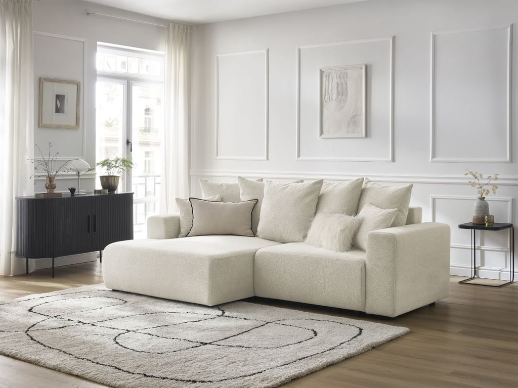 Produit similaire: Canapé d'angle convertible coffre ATILLA tissu chiné blanc angle gauche BOBOCHIC 4 places