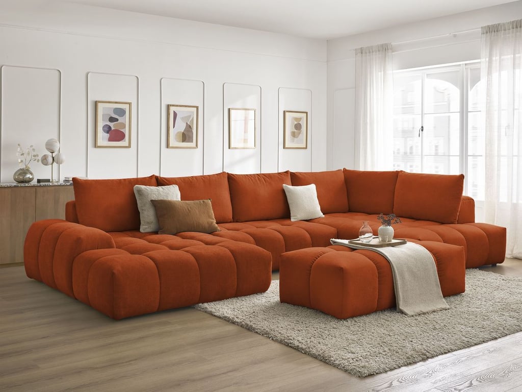 Produit similaire: Canapé panoramique convertible coffre EVEREST tissu texturé avec pouf orange angle gauche BOBOCHIC 7 places