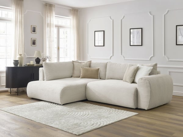 Lucien canapé d'angle L convertible coffre 3 places velours côtelé gros côtelé beige angle gauche