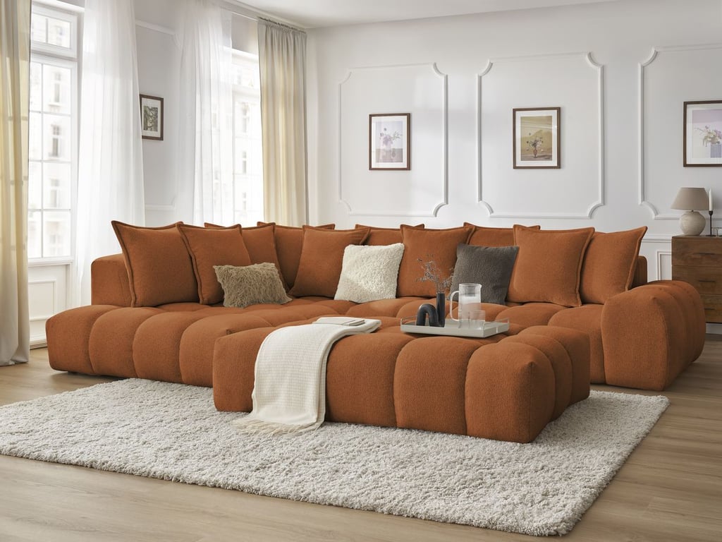 Produit similaire: Canapé d'angle fixe EVEREST tissu chiné avec pouf orange angle gauche BOBOCHIC 5 places