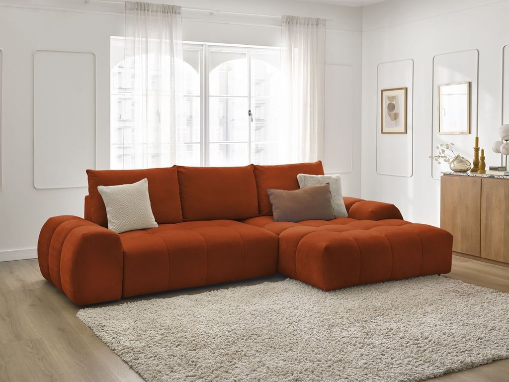 Produit similaire: Canapé d'angle convertible coffre EVEREST tissu texturé orange angle droit BOBOCHIC 3 places