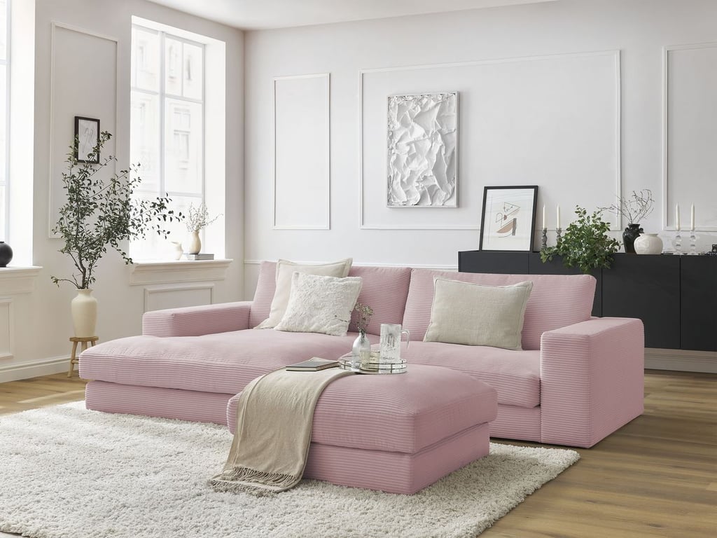 Produit similaire: Canapé d'angle fixe LEONARD velours côtelé avec pouf violet angle gauche BOBOCHIC 5 places