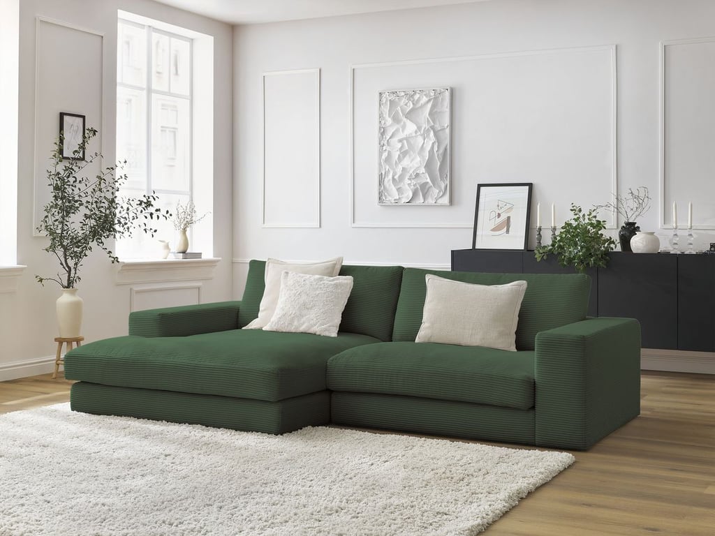 Produit similaire: Canapé d'angle fixe compact LEONARD velours côtelé vert foncé angle gauche BOBOCHIC 4 places