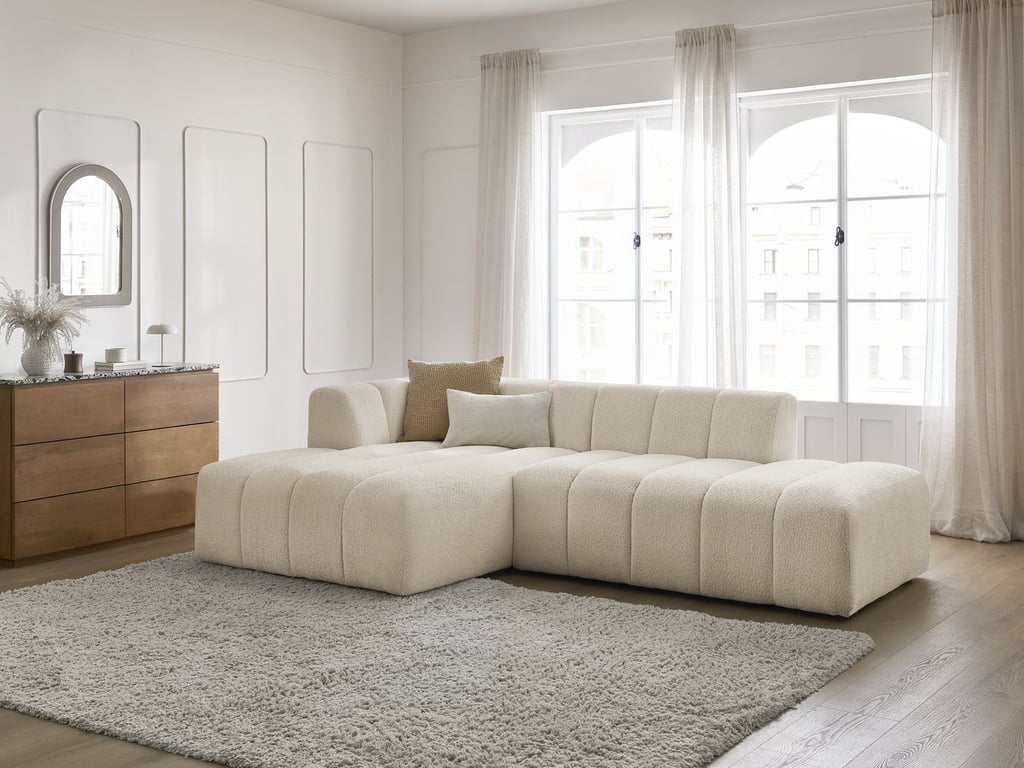 Produit similaire: Canapé d'angle fixe modulable ANNECY tissu bouclette beige angle gauche BOBOCHIC 3 places