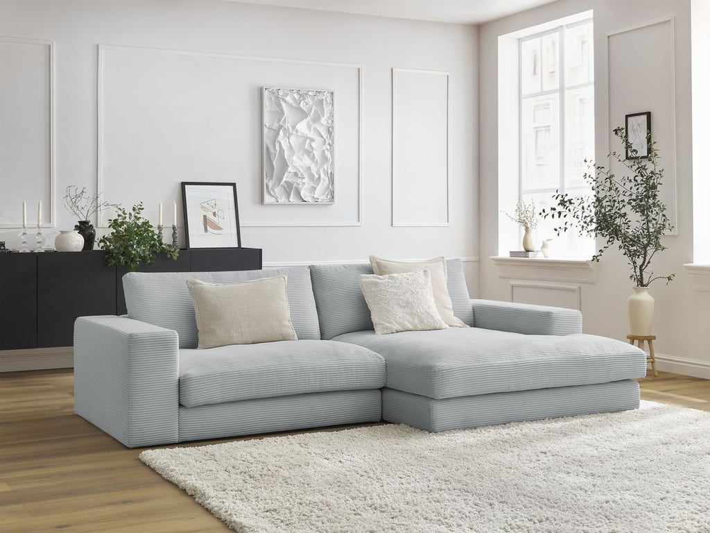 Produit similaire: Canapé d'angle fixe compact LEONARD velours côtelé gris clair angle droit BOBOCHIC 4 places