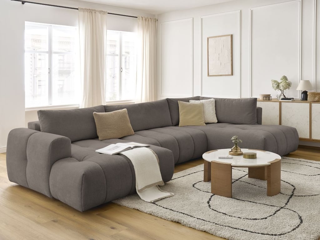 Produit similaire: Canapé d'angle panoramique convertible FUJI tissu lisse taupe angle gauche BOBOCHIC 5 places