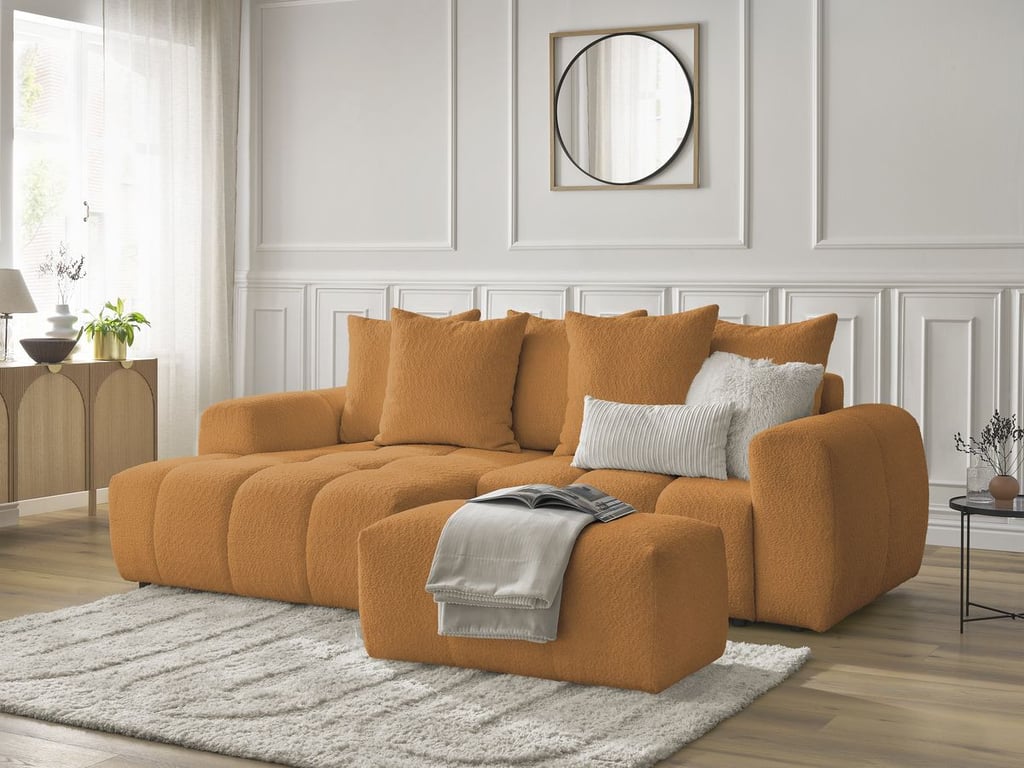 Produit similaire: Canapé d'angle convertible coffre ROXELANE tissu bouclette avec pouf jaune angle gauche BOBOCHIC 3 places