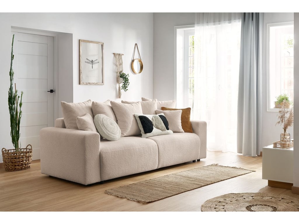 Produit similaire: Canapé droit convertible coffre ENVY tissu bouclette doux beige BOBOCHIC 3 places