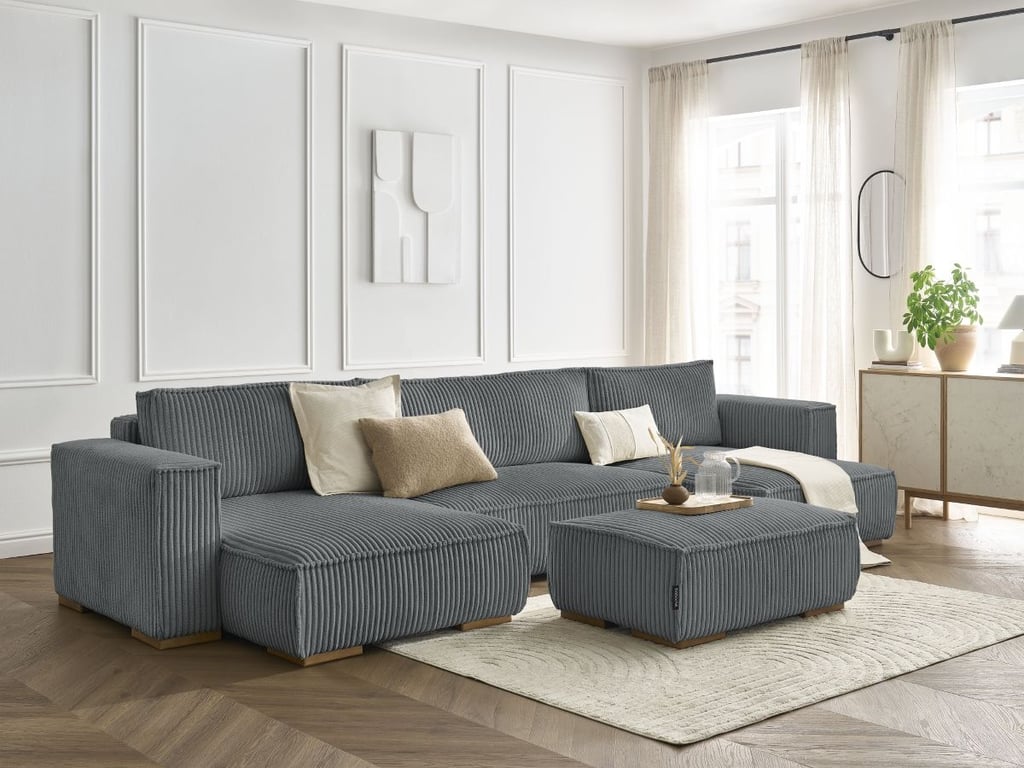 Produit similaire: Canapé panoramique convertible coffre CHELSEA gros côtelé doux avec pouf gris foncé BOBOCHIC 5 places