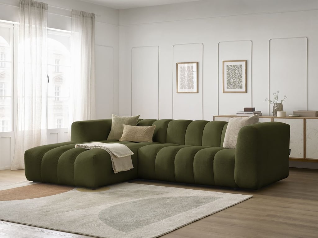 Produit similaire: Canapé d'angle fixe TALIA tissu chiné vert angle gauche BOBOCHIC 3 places