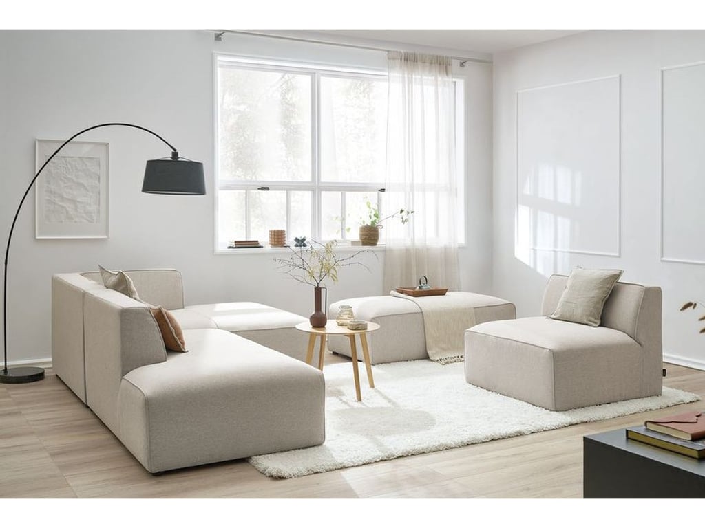 Produit similaire: Canapé d'angle fixe modulable MEGEVE tissu chiné avec 1 chauffeuse et 1 pouf beige angle droit BOBOCHIC 6 places
