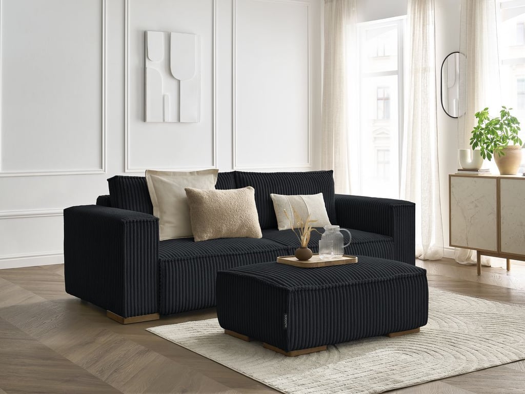 Produit similaire: Canapé droit convertible coffre CHELSEA gros côtelé doux avec pouf noir BOBOCHIC 4 places
