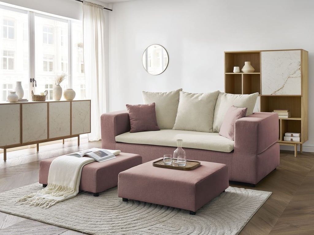 Produit similaire: Canapé droit convertible LEANDRE bi matière avec deux poufs beige et rose BOBOCHIC 4 places