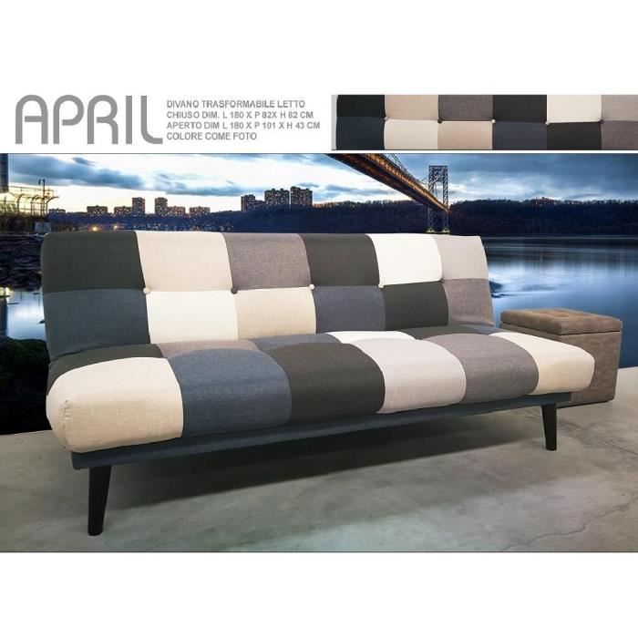 Canapé lit en tissu patchwork - APRIL - Convertible - Noir - L 180 X P 82 X H 82 CM - L 180 X P 101 X H 43 CM