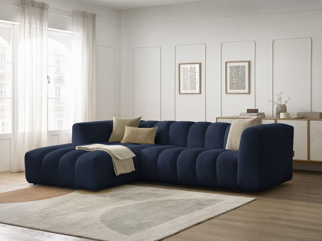 Produit similaire: Canapé d'angle fixe TALIA tissu chiné bleu foncé angle gauche BOBOCHIC 3 places