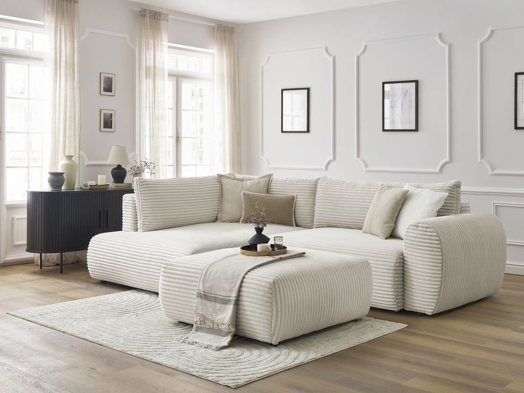 Canapé d'angle L convertible coffre LUCIEN gros côtelé doux avec pouf beige  angle gauche BOBOCHIC 4 places