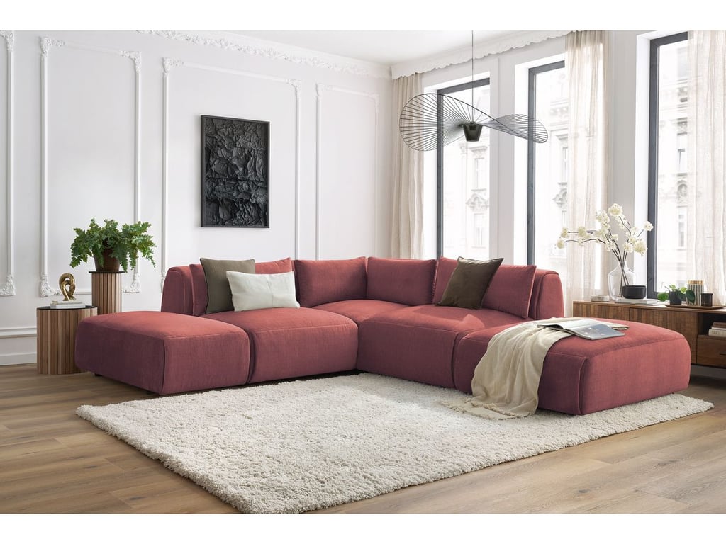 Produit similaire: Canapé d'angle fixe modulable JEANNE tissu velours avec 2 chauffeuses, 1 angle et 2 poufs orange réversible BOBOCHIC 5 places