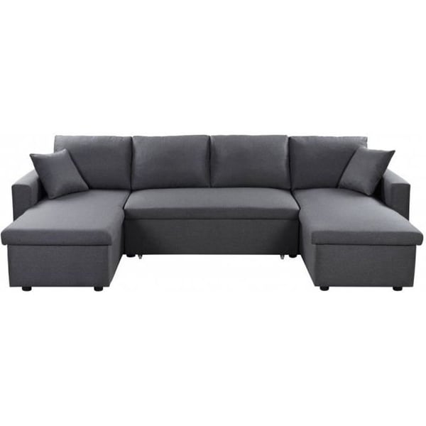 Canapé d'Angle Panoramique Convertible en Tissu Gris - LOUNGITUDE - MARIA - 6 places - Coffres de rangement
