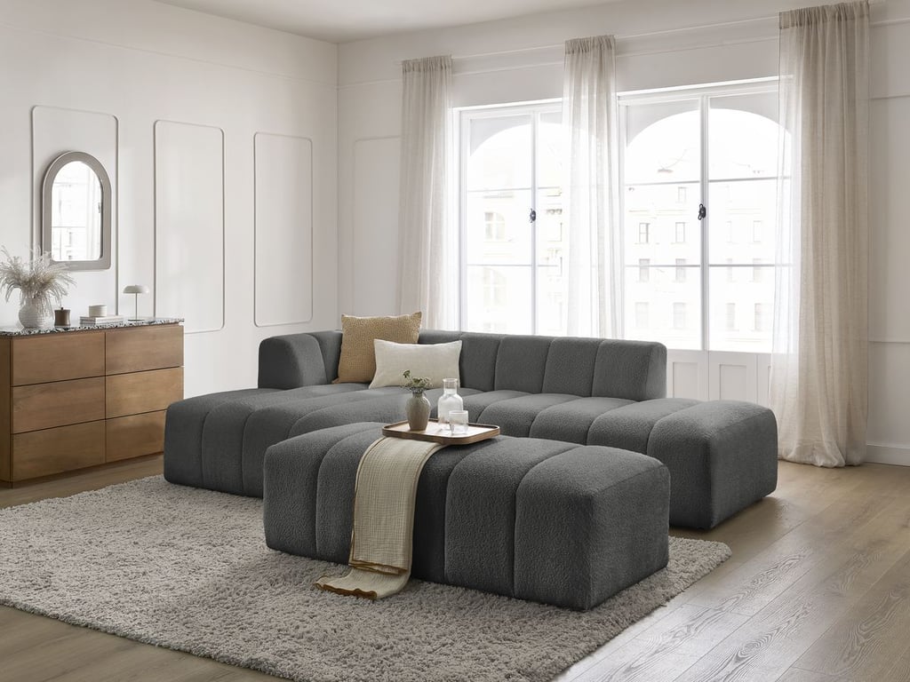 Produit similaire: Canapé d'angle fixe modulable ANNECY tissu bouclette avec pouf gris foncé angle gauche BOBOCHIC 4 places