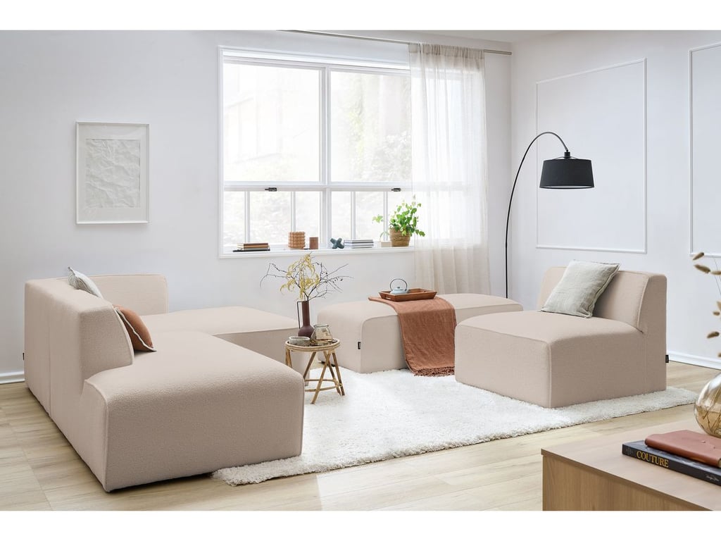 Canapé d'angle fixe modulable MEGEVE tissu bouclette avec 1 chauffeuse et 1 pouf beige  angle droit BOBOCHIC 6 places