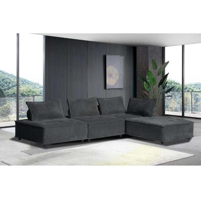 STAVA - Canapé d'angle modulable 4 places en velours texturé - gris foncé