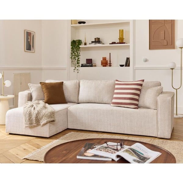 Topaze - canapé d'angle déhoussable réversible 4 places en velours texturé - Beige