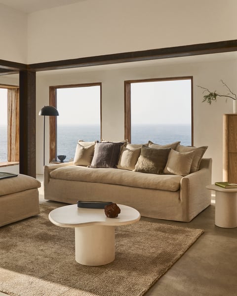 Zenira - Canapé déhoussable 3 places avec coussins en coton et lin beige
