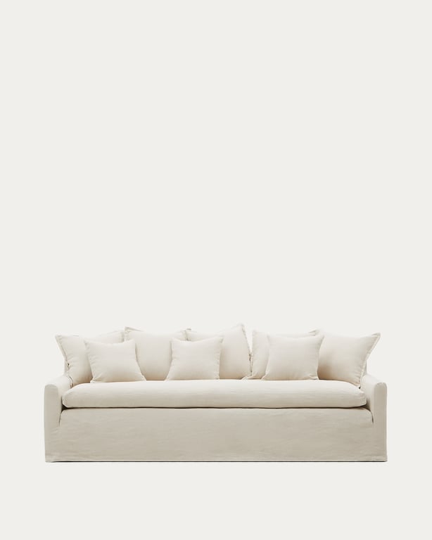 Zenira - Canapé déhoussable 3 places avec coussins en coton et lin beige - Vue supplémentaire 1
