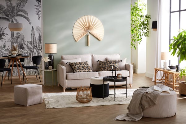 Canapé convertible scandinave 3 places en tissu beige et bois clair avec matelas 10 cm PAPEL