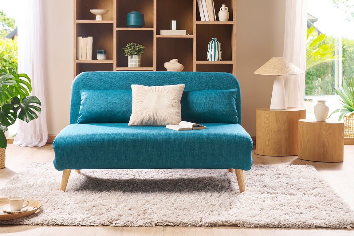 Produit similaire: Chauffeuse 2 places convertible en tissu bleu canard et bois clair AMIKO