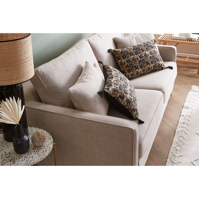 Canapé convertible scandinave 3 places en tissu beige et bois clair avec matelas 10 cm PAPEL - Vue supplémentaire 2