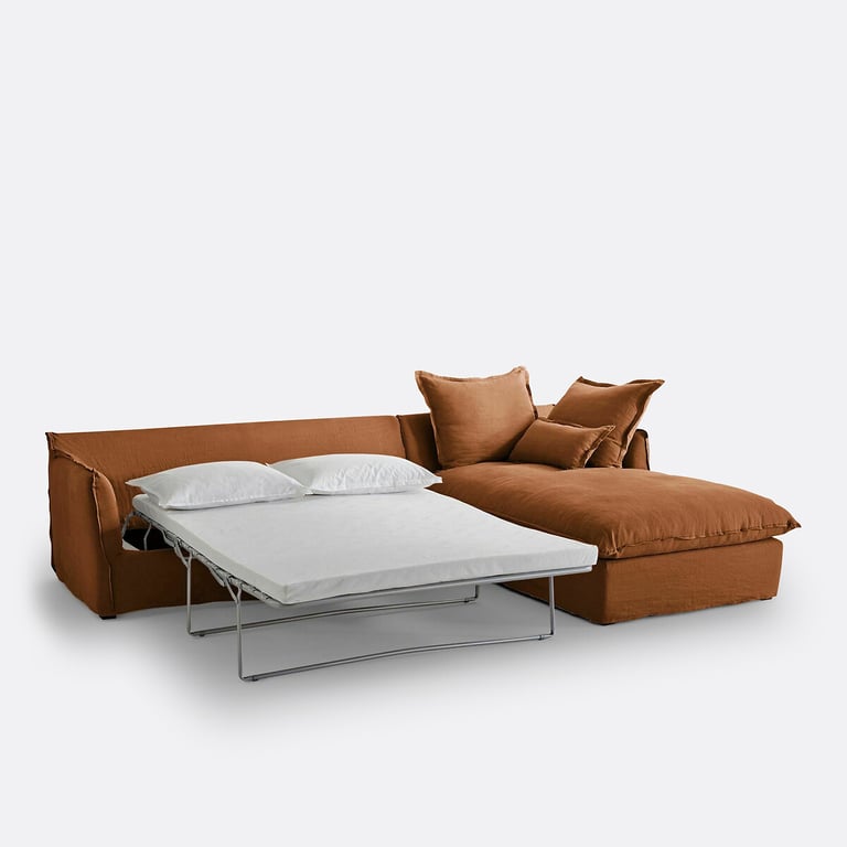 ODNA canapé d'angle convertible 4 places d'angle convertible déhoussable en lin froissé marron - Vue supplémentaire 3