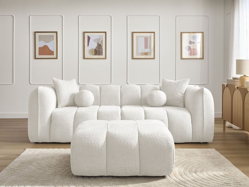 Canapé droit fixe 4 places en tissu bouclette avec pouf, DENVER