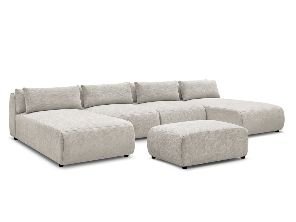 Jana - Canapé panoramique 5 places tissu texturé beige avec petit pouf - Vue supplémentaire 1