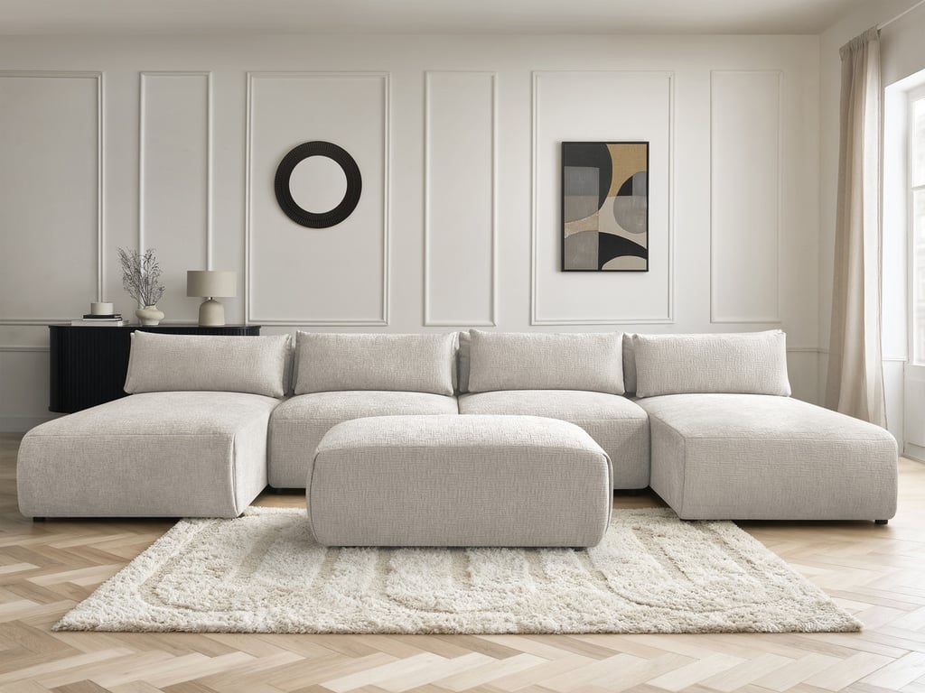 Produit similaire: Jana - Canapé panoramique 5 places tissu texturé beige avec petit pouf