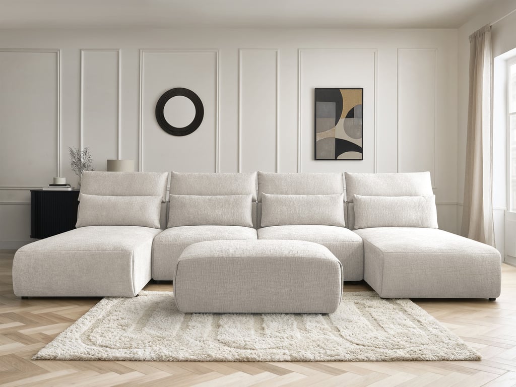 Jana - Canapé panoramique 5 places tissu texturé beige avec petit pouf - Vue supplémentaire 3
