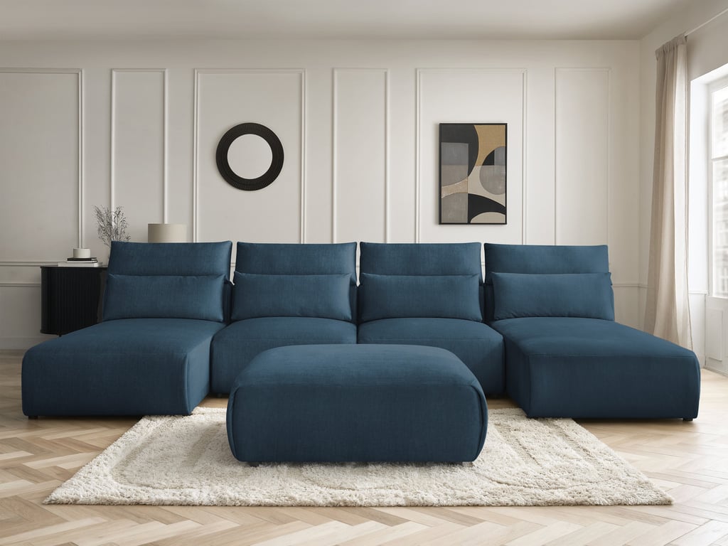 Jana - Canapé panoramique 5 places velours bleu avec grand pouf - Vue supplémentaire 3